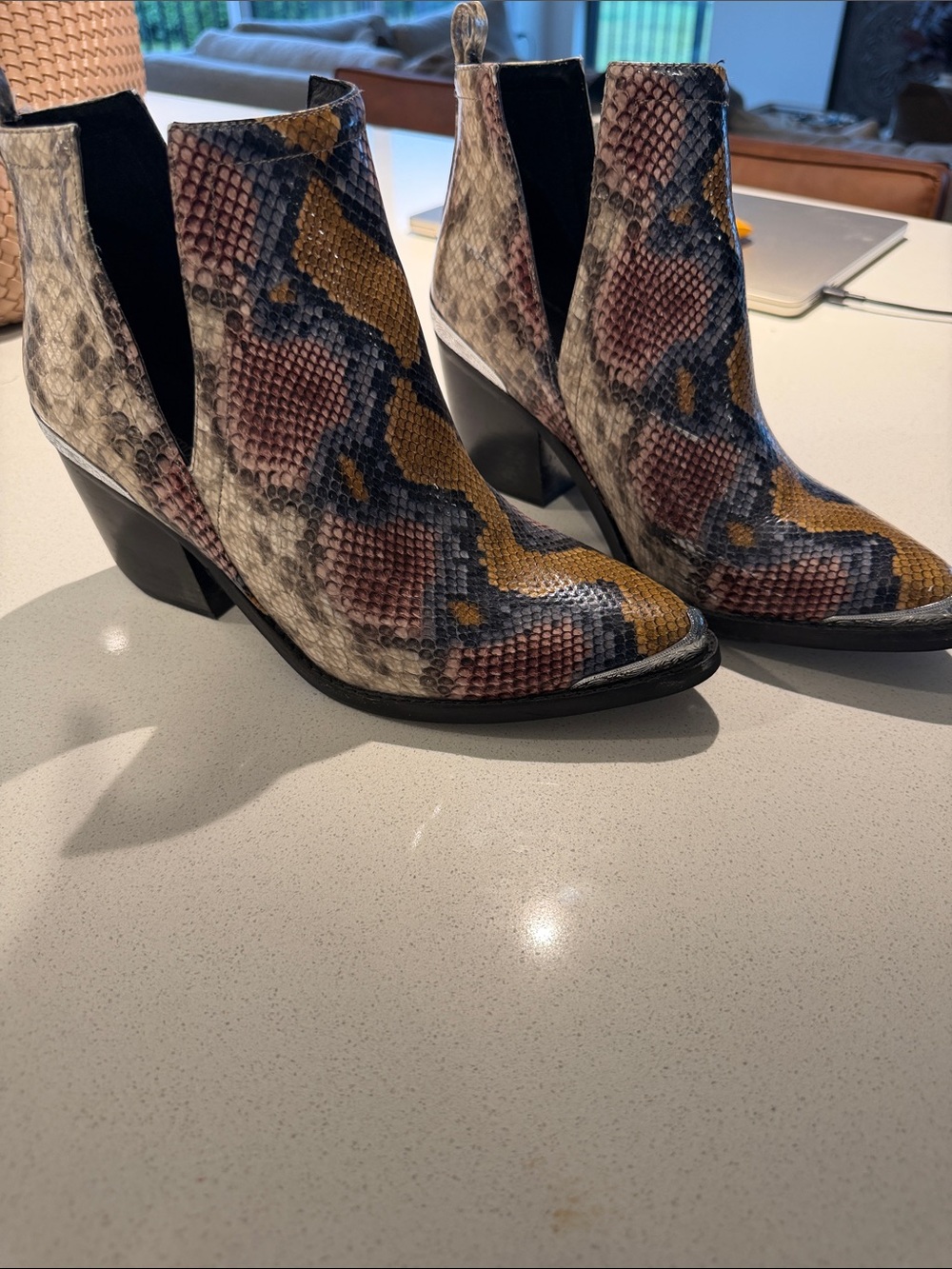 Jeffrey Campbell Snake-Print Ankle Boots in Mustard, Pink and Black